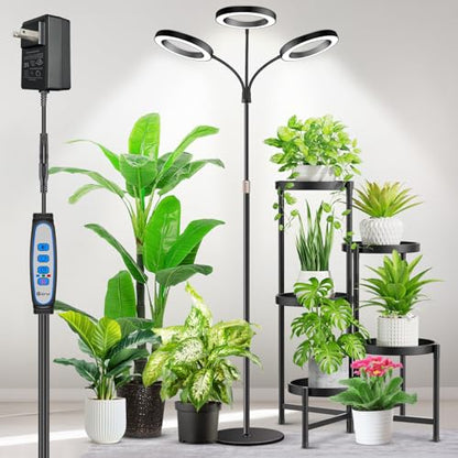 Aumtrly 3 Head Black Floor Grow Light for Large Tall Indoor Plants Growing | 252 LED Full Spectrum Lamp with Stand, 6/12/16H Timer, 5 Dimming Level, 68" Adjustable Height, Flexible Gooseneck, Metal Base - size: 3 head 68inch/black