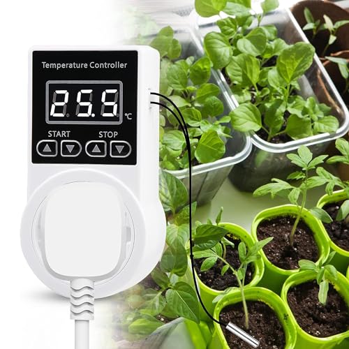 Digital Thermostat Plug Socket, Only Celsius Display LCD Screen Temperature Controller with Waterproof Sensor Probe, Heating Cooling Temperature Switch Outlet for Reptile Greenhouse Terrarium
