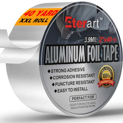ETERART Aluminum Foil Duct Tape, High-Temp Seal for HVAC,2" x 40Yds | Heavy Duty, Patching,Air Ducts,Metal Repair, Foamboard,Insulation,Dryer Vent and More,Silver, easy to apply, residue-free - size: 2 Inches x 40 Yards