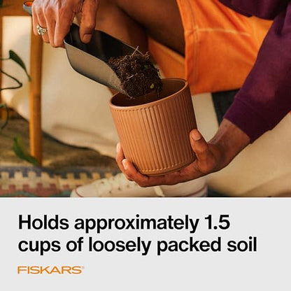 Fiskars Soil Scoop for Potting & Transplanting, 1.5 Cup Capacity, Black | Indoor Potting for Medium Planters, Durable Lightweight Resin Garden Scooper with Flat Bottom & Deep Sides to Prevent Spills - style: Soil Scoop