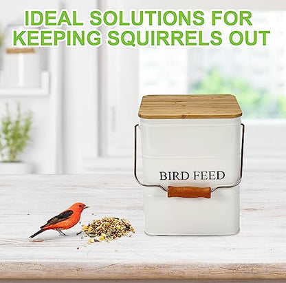 Bird Seeds storage container,Bird Seed Container,Metal food tin for Birds, pet snacks Canisters with wooden lid/handle/sevice scoop,hold 5-6 lbs - color: Bird-White