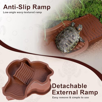 3PCS Tortoise Water Dish with Leaf Reptile Food Dish, Reddish | Anti-slip Reptile Bathing Pool with Ramp, Smooth Tortoise Water Dish Turtle Pool for Lizard Gecko Snake Frog Amphibians - color: Reddish Brown