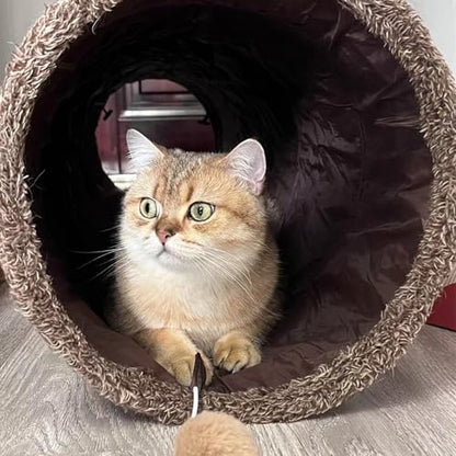 51"x 12" Collasiple Cat Play Tunnel, Cats Tubes and Tunnels, Cat Foldable Hide and Seek Tunnel Toy, Brown Suede Pet Tube Toy for Rabbits, Ferrets, Puppy, Diameter 12 Inch