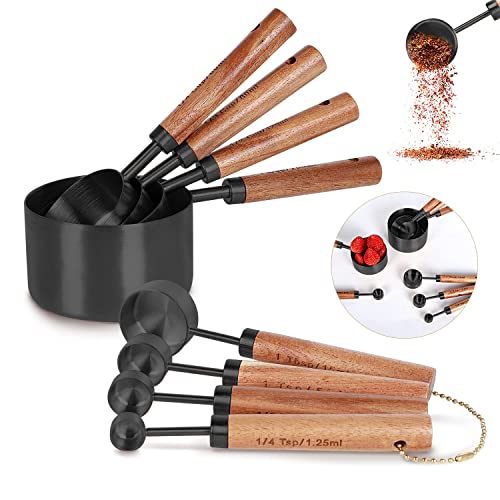 8-Piece Stainless Steel Measuring Cups and Spoons, Acacia Handles, Black - color: Black