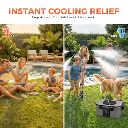 Portable Misting System with 15L Bucket, 10000mAh, 4.2FT Adjustable, Grey | Standing wireless mister, adjustable height, for backyard, pool, camping, BBQ