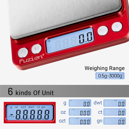 Fuzion Small Gram Scale 3000g, Digital Kitchen Food Scale, Gram and Ounce | 0.1g Accuracy, 6 Modes, 2 Trays Included, Tare Function, Piece Counting, For Food, Coffee, Cooking, Herb, Reptiles, Coins - color: Red