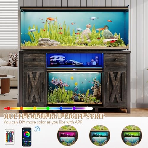 55-75 Gallon Fish Tank Stand, Aquarium Stand with Storage, Dark Oak | 52 x 20 In Top, Farmhouse Turtle Tank Stand, 2 Drawers & 2 Barn Doors, LED Light, Power Outlets, Shelf Storage, Heavy Duty - color: Dark Oak