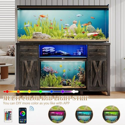 55-75 Gallon Fish Tank Stand, Aquarium Stand with Storage, Dark Oak | 52 x 20 In Top, Farmhouse Turtle Tank Stand, 2 Drawers & 2 Barn Doors, LED Light, Power Outlets, Shelf Storage, Heavy Duty - color: Dark Oak