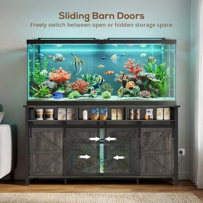 VOWNER 75-120 Gallon Fish Tank Stand with Power Outlet for 2 Tanks, Grey | Farmhouse Aquarium Stand with Storage Cabinet & Sliding Barn Doors, Heavy Duty Reptile Tank Stand, 1000LBS Capacity - color: Grey