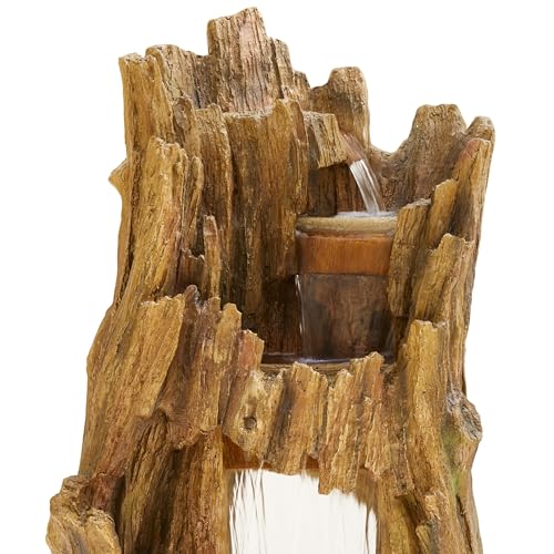 Alpine Corporation TZL338 Outdoor 3 Tier Waterfall Tree Trunk Floor Fountain with LED Lights for Patio, and Lawn Decor, 59 Inches Tall - style: 3-Tier 59" H - Cool White LEDs