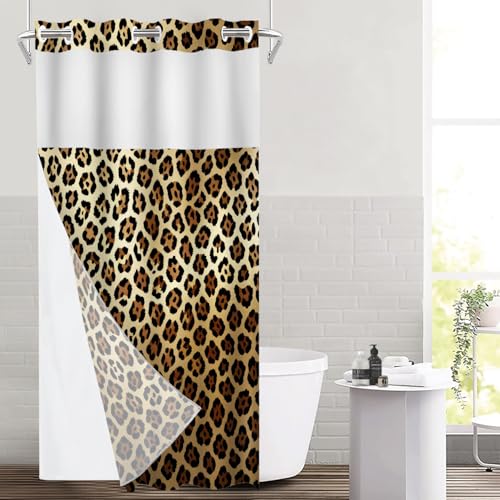 Golden Cheetah Print No Hooks Shower Curtain with Snap in Liner Set, Luxury Leopard Print Tub Curtainn Mesh Top Window & Magnetic Hem Waterproof 35.5X74 Inch - color: Golden Cheetah 1 Gold03, size: 35.4"W x 74"L (Pack of 1)