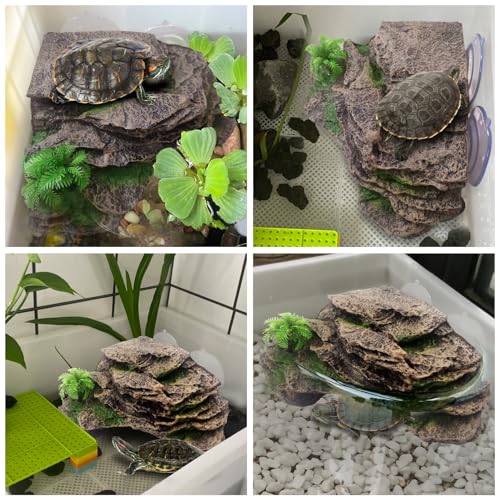 kathson Turtle Basking Platform with Suction Cup,Turtle Ramp Climbing Basking Platform Artificial Plants Decor Resting Basking Terrace Aquarium Ornament Rock for Frogs Lizards Bearded Dragon - style: Slope