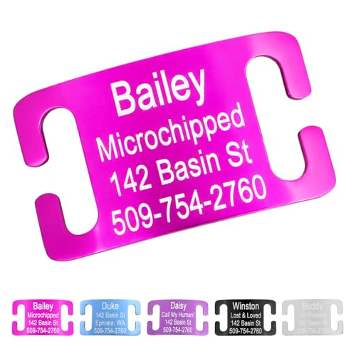 GoTags Slide-On Pet ID Tag, Silent Personalized Dog and Cat Nameplate | No Noise Aluminum, Custom Engraved in 4 Sizes for Large, Medium and Small Collars, Curved for Comfort No Jingling (Pink) - color: Pink