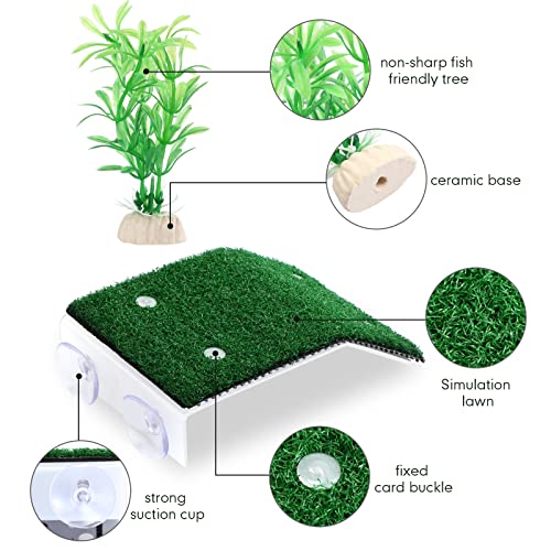 2 Pcs Turtle Basking Platform Ramp Medium Tortoise Terrace Resting Ladder Simulation Lawn and 6 Pcs Artificial Plastic Aquarium Plants Turtle Tank Accessories Decorations for Small Reptile Turtle