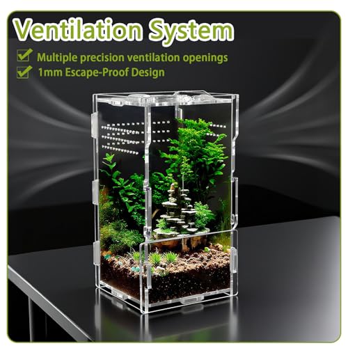 4x4x8 Inch Acrylic Reptile Terrarium，Front Opening Tarantula Enclosure with Swivel Lock & Magnetic Feeding Door，Small Spider Cage for Jumping Spider、Scorpion、Isopods、Snails