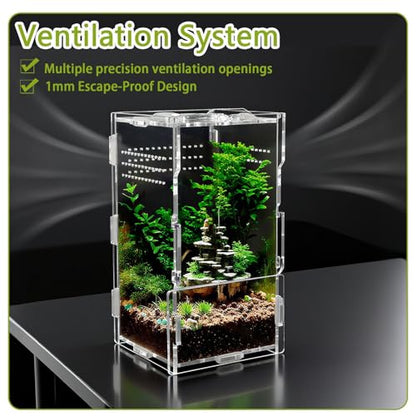 4x4x8 Inch Acrylic Reptile Terrarium，Front Opening Tarantula Enclosure with Swivel Lock & Magnetic Feeding Door，Small Spider Cage for Jumping Spider、Scorpion、Isopods、Snails