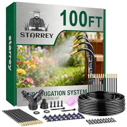 Drip Irrigation System, 2026-Upgrade 100Ft 1/4" Garden Watering System with 24 Pcs 360° Adjustable Copper Nozzles, DIY Kit for Garden, Lawn, Greenhouse, Raised Beds & Outdoor Plants - size: 100FT/24pcs