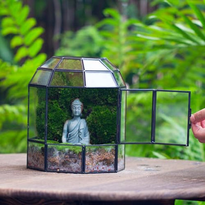 NCYP Half Dome Geometric Glass Terrarium with Door, Closed Moss Planter Pot, Miniature Landscape Container, Indoor Tabletop Decor, Black (Terrarim Only)