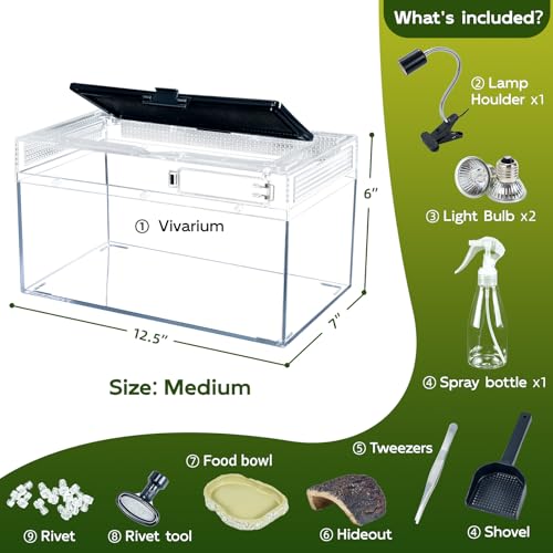 12.5x6x7 Reptile Terrarium Kit with Heat Lamp & Hideout for Geckos, Snakes | Complete kit includes spray bottle, shovel, tweezers, food bowl, hideout; ideal for lizards, turtles, spiders, frogs, crabs
