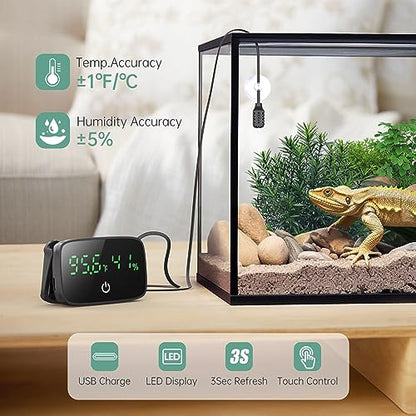 PAIZOO LED Digital Reptile Thermometer and Humidity Gauge with USB Charging | Long Battery Life, Switch Between ℉/℃, Terrarium Temperature Humidity Meter, for Snake Bearded Dragon Lizard or Greenhouse