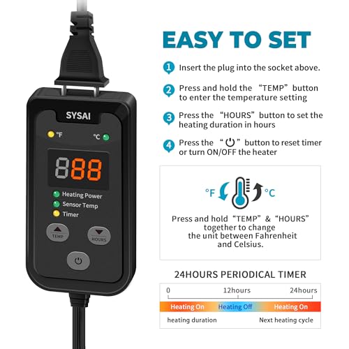 SYSAI Digital Thermostat Controller for Reptile Tank & Heat Mat, Seed Germination, Breeding & Home Brewing, 1A 100W, High Accuracy °F/°C Probe, 60-94°F