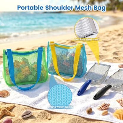 3 otters 2 Pack Beach Mesh Shovel with Mesh Beach Bag for Shell Collecting, Sand Sifters Shell Collect Bag for Kids, Great Shelling Tools