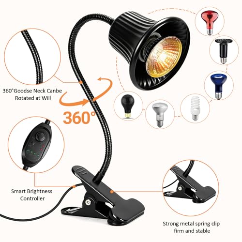 Reptile Heat Lamp, Heating Lamp for Reptiles with UVA UVB,2H,4H,8H,10H Cycle Timing&Stepless Dimming Adjustment Basking Light for Turtle, Bearded Dragon, Lizard and More, 2 Bulbs