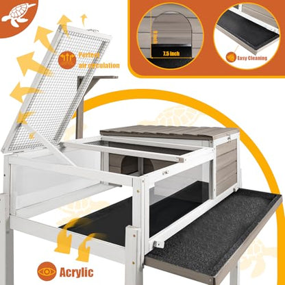 Ketive Tortoise Habitat Large Wooden Tortoise Enclosure Habitat with No-Leaking Tray Indoor & Outdoor, Reptile Cage for Small Animals TOR03-Grey