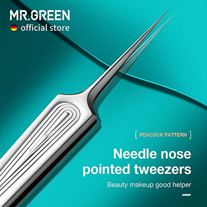 MR.GREEN Ingrown Hair Tweezers Needle Nose Pointed Tips Tweezers For Eyebrows Splinters Blackhead Removal Acne Clip Extractor (Long) - size: Long