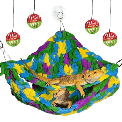 Bearded Dragon Hammock Lounger with Suction Cups Bells,Double-Layer Reptile Hammock, Soft Hanging Lizard Bed Climbing Toys Swing Tank Accessories for Lizard Gecko Chameleon Snake (Blue)