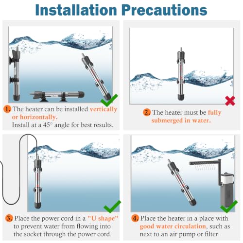HITOP 200W Adjustable Aquarium Heater, Submersible Fish Tank Heater Thermostat with Suction Cups for 30-45Gal - size: 10.4in-200w