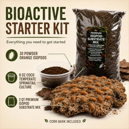 Bioactive Starter Kit | 30 Powder Orange Isopods | 8 oz Coco Temperate Springtail Culture | 2 qt Premium Isopod Substrate Mix