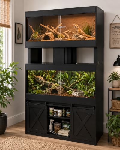 Cushore Double 4x2x2 Reptile Enclosure with Stand, Albizia Solid Wood-Core 120 Gallon Reptile Terrarium, Bearded Dragon Tank Stand with Sliding Door and 2 Cabinets for Lizard, Crested Gecko, Black