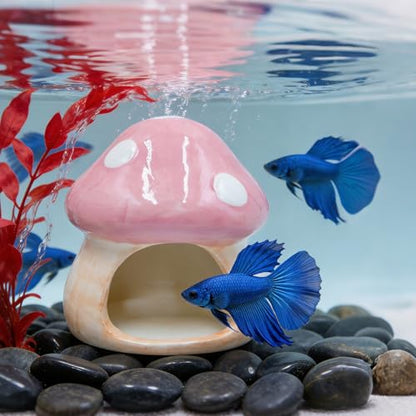 Ceramic Fish Tank Ornament & Hiding Cave, Aquarium Shelter Decor, Cute Mushroom House Style for Betta Fish, Goldfish, Shrimp, Hermit Crab and Reptiles (Pink)
