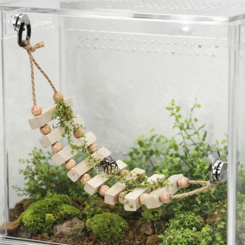 Jumping Spider Enclosure Accessories Magnetic Jumping Spider Rope Bridge with Artificial Moss Handmade Rectangular Solid Wood Suspension Bridge (Natural Wood Color)