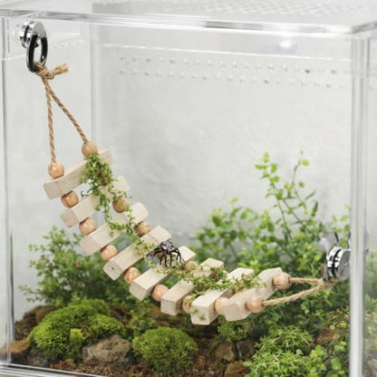 Jumping Spider Enclosure Accessories Magnetic Jumping Spider Rope Bridge with Artificial Moss Handmade Rectangular Solid Wood Suspension Bridge (Natural Wood Color)
