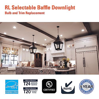 HALO RL 5/6 inch LED recessed Can Light Trim, 5CCT, dimmable, 900/1200 lm | recessed baffle retrofit can light trim, low glare, wet-rated for showers and outdoor use, Dims to 5% + dim to warm - size: 5/6 inch, style: 900/1200 Selectable Lumens