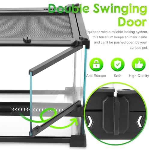 12"x12"x12" Reptile Terrarium, Double-Door Glass Terrestrial Vivarium for Tropical Amphibians Such as Pacman Frogs, with Lock, Cable Port & Waterproof Deep Base Below Front Doors