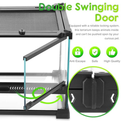 12"x12"x12" Reptile Terrarium, Double-Door Glass Terrestrial Vivarium for Tropical Amphibians Such as Pacman Frogs, with Lock, Cable Port & Waterproof Deep Base Below Front Doors