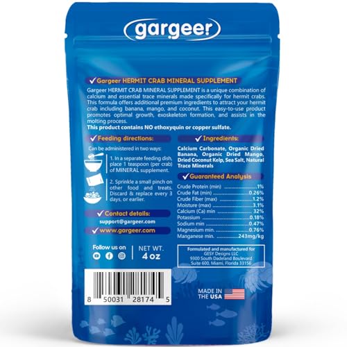 Gargeer 4oz Hermit Crab Mineral Supplement. Promote Growth, Made in USA | Vital molting & exoskeleton support! 32%+ calcium with organic banana, mango, kelp & sea salt. Zero artificial additives - size: 4.00 Ounce (Pack of 1), style: Minerals
