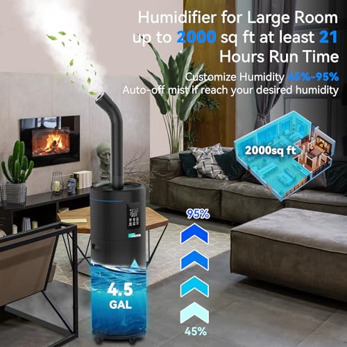 Humidifiers for Large Room Home Bedroom 2000 sq.ft. 17L/4.5Gal Large Humidifier with Extension Tube & 4 Speed Mist,Top Fill Wholehouse Humidifier with 360°Nozzle for Plant Commercial Greenhouse(Black) - color: Black