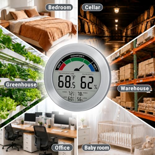 Digital Hygrometer Indoor Thermometer Humidity Meter Room Temperature Humidity Monitor, Metal Frame with Brushed Stainless Finish, DM9442 (Silver Stainless) - color: Silver Stainless