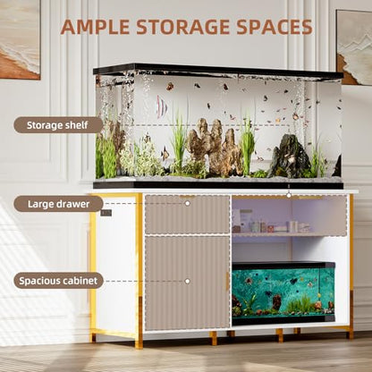 55-75 Gallon Fish Tank Stand, Aquarium Stand with LED Light, White & Gold | 49 x 20 In Top, Modern Fluted Design, 2 Outlets, 2 USB Ports, Shelf Storage, Metal Frame Support, 1100 LBS, Turtle Tank Stand - color: White and Gold