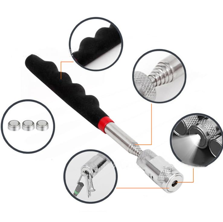 Inspection Mirror and Magnet KIT with Magnetic Pick-Up Tools. 5 Piece Set. Lighted Inspection Mirror and Lighted Magnetic Pick-Up Tool.