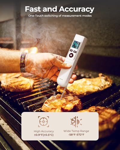 Infrared Thermometer Gun, Heat Temp Temperature Gun with Meat Probe 2-in-1, Digital IR Laser Thermometer Gun for Cooking, Pizza Oven, Meat, Griddle, Grill, HVAC