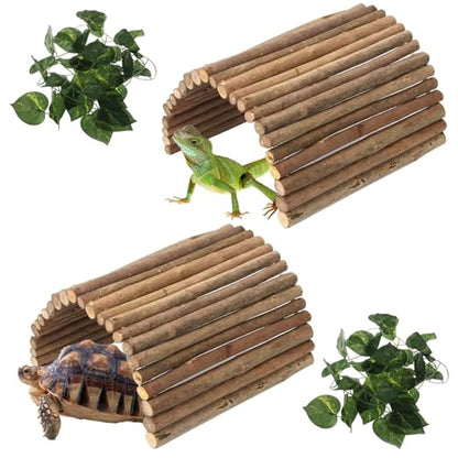 Hamiledyi 2 PCS Extra Large Wooden Reptile Hideout Bearded Dragon Bendy Bridge Climbing Ladder Hiding Hut Reptiles Hide Cave Habitat Decor for Lizards Gecko Spiders Snakes Tortoise(20" x 11.8")