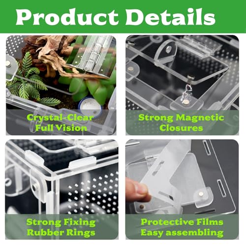 Jumping Spider Enclosure, Small Reptile Terrarium for Tarantula Hermit Crab Praying Mantis, Acrylic Insect Habitat with Magnetic Front & Top Opening (4.52" x 4.52" x 4.52") - size: Small Szie