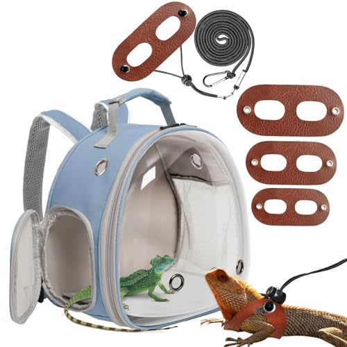 Small Animal Portable Backpack Carrier with Leather Harness and Leash Set,Space Capsule Clear Bubble Window Travel Backpack for Bearded Dragon,Guinea Pig,Rabbit,Airline Approved - color: Blue