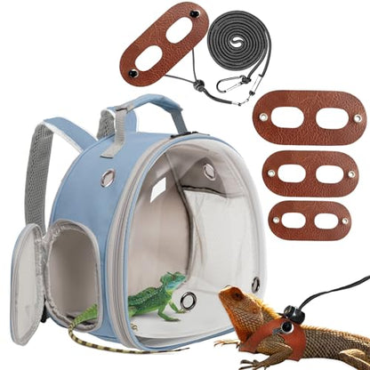 Small Animal Portable Backpack Carrier with Leather Harness and Leash Set,Space Capsule Clear Bubble Window Travel Backpack for Bearded Dragon,Guinea Pig,Rabbit,Airline Approved - color: Blue