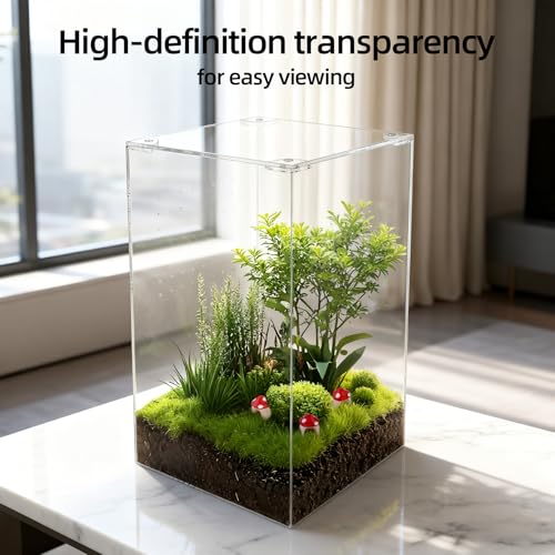 Jumping Spider Enclosure Kit with 3 Mushroom Hides 1 Feeding Dish- 10x6x6 Inch Acrylic Vertical Reptile Tank for Tarantulas, Mantis, Hermit Crabs & Small Pets (Clear)